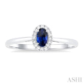 5x3 MM Oval Shape Sapphire and 1/20 Ctw Single Cut Diamond Halo Precious Ring in 14K White Gold